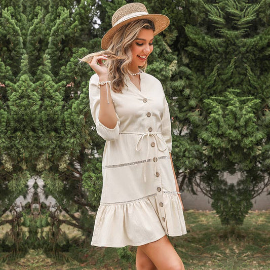 European style short solid cotton-linen dress