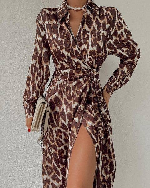 LEOPARD PRINT LONG-SLEEVED CASUAL LACE-UP DRESS
