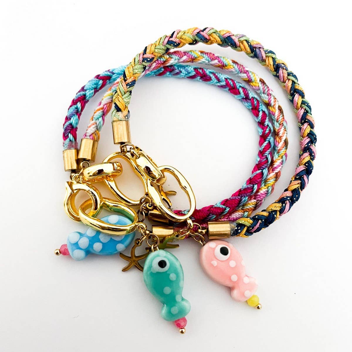 18K Gold Fish & Star Charm Woven Rope Bracelet_CWAJE4615