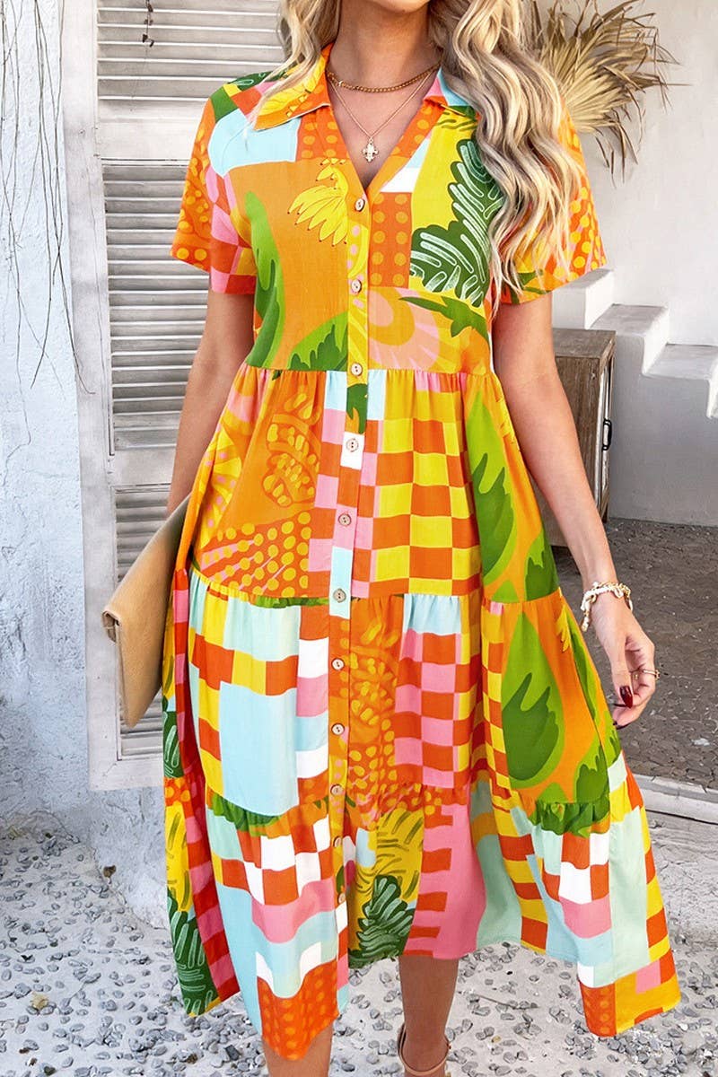 CWDMD5374_CASUAL HOLIDAY HIGH WAIST GEOMETRIC CONTRAST DRESS