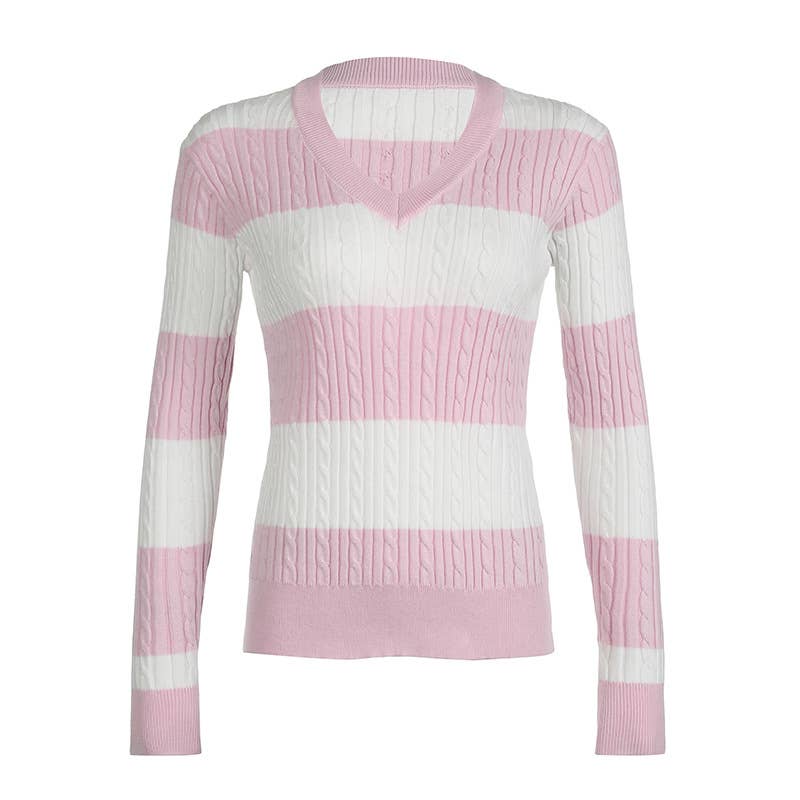V-NECK SLOUCHY TWIST FEATURE STRIPED SWEATER