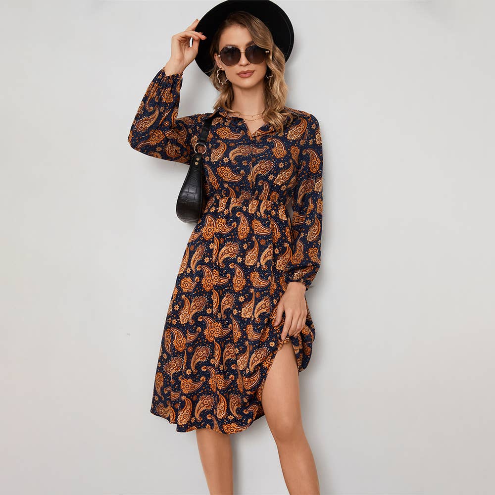 PRINTED A-LINE LONG SLEEVE FLORAL SHIRT DRESS