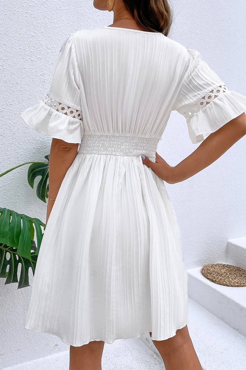 CWDSD7521_SUMMER LACE STYLISH WAIST SOLID COLOR DRESS