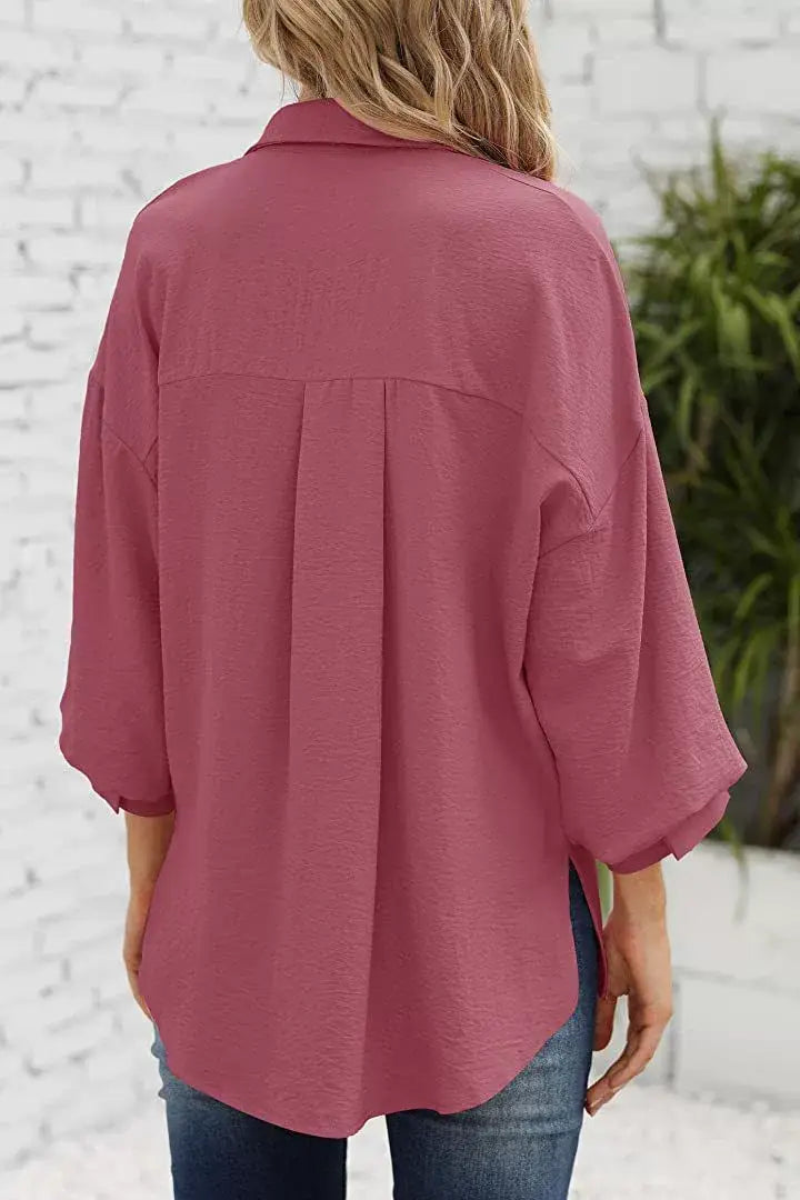 LANTERN SLEEVE BUTTON V-NECK CHIFFON CASUAL SHIRT