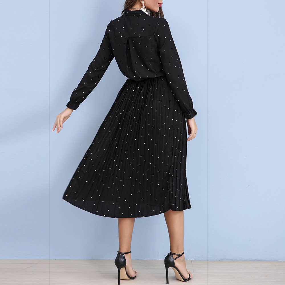 Pleated polka point casual waist collection dress