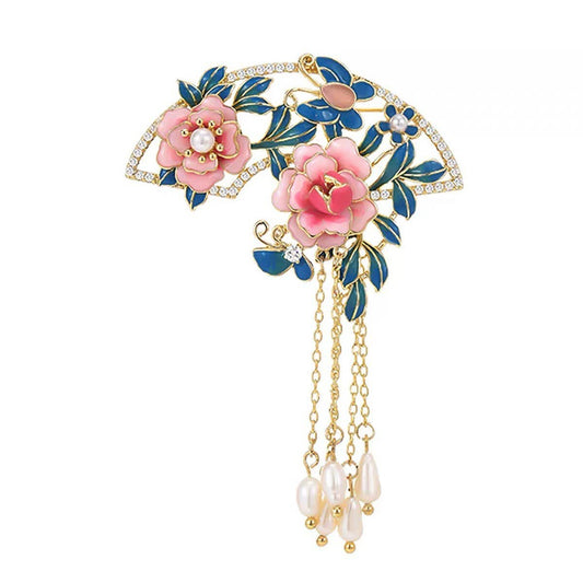 CWAJE2572_CAMELLIA FLOWER LOTUS PEARL DIAMOND ALLOY BROOCH
