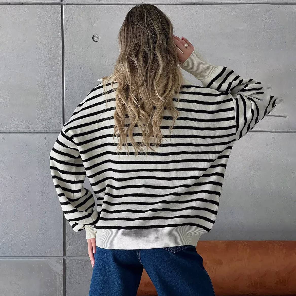 Striped lapel half-zipper pullover sweater