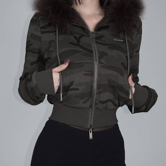 WOOLLY PATCHWORK ZIPPER HOODIE COAT LADY