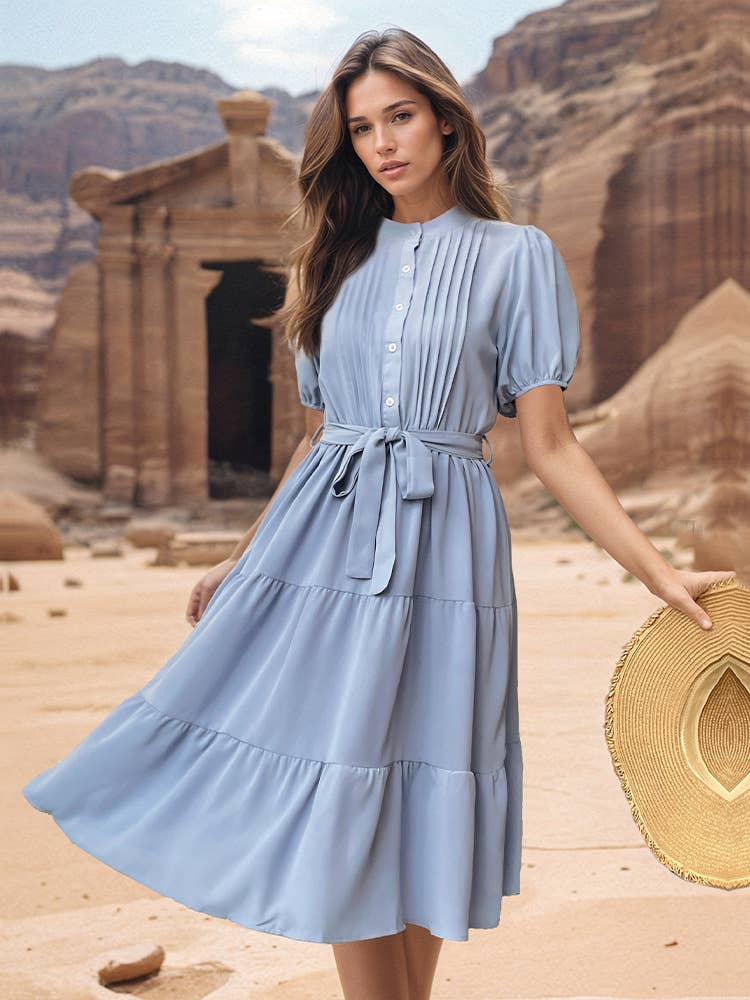 Stand collar pleated dress