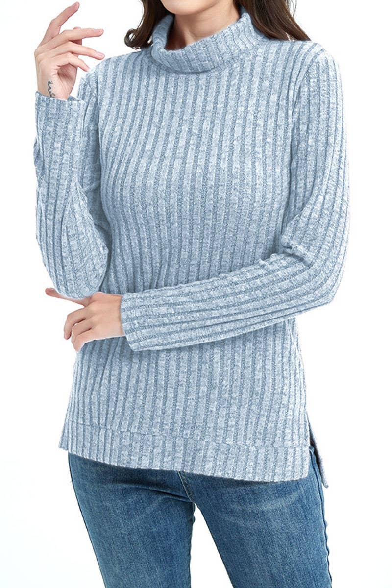 Stylish pit striped turtleneck solid color knitwear