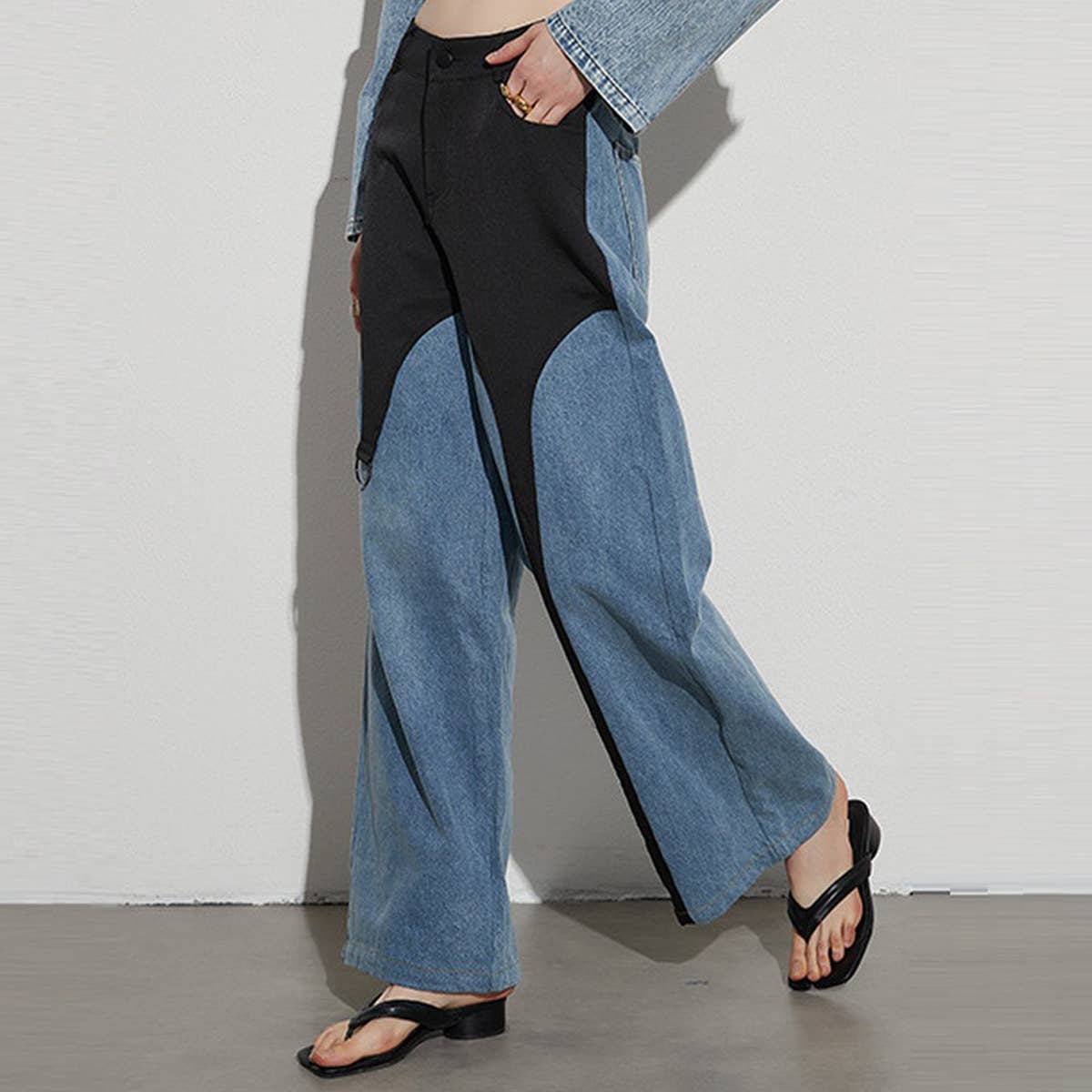 HIGH WAISTED COLOR BLOCKING STRAIGHT CASUAL JEANS_CWJP0200