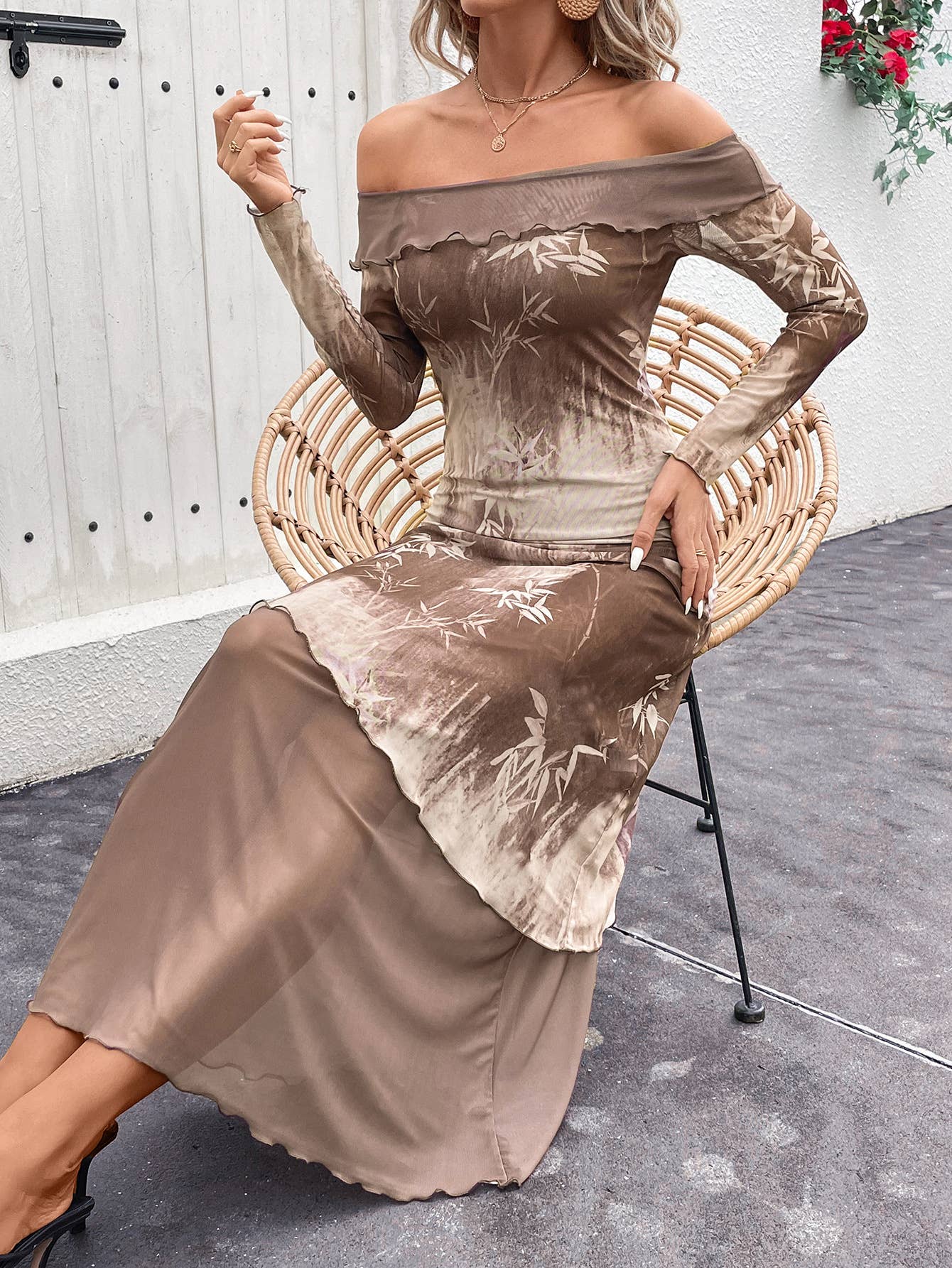 SHEER PRINTED ONE-SHOULDER STRETCH MESH DRESS