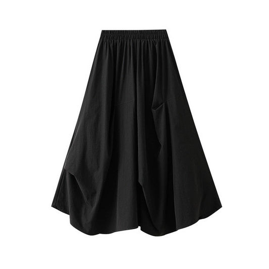 High-Waist Elastic Waist A-Line Pleated Midi Skirt