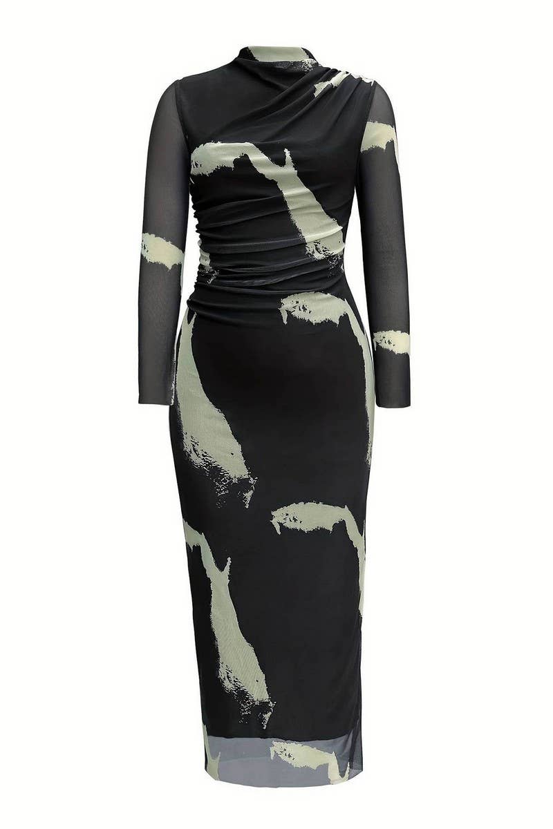 CWDMD5060_FASHION MESH PRINT SEXY TIGHT SLIT NEW DRESS