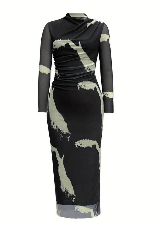 CWDMD5060_FASHION MESH PRINT SEXY TIGHT SLIT NEW DRESS