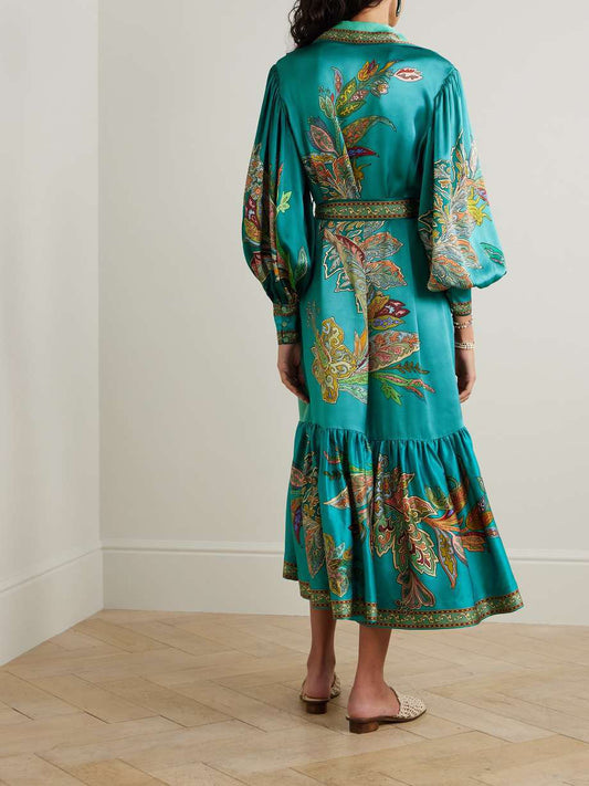 VINTAGE PRINT DRESS WITH LAPEL LANTERN SLEEVES