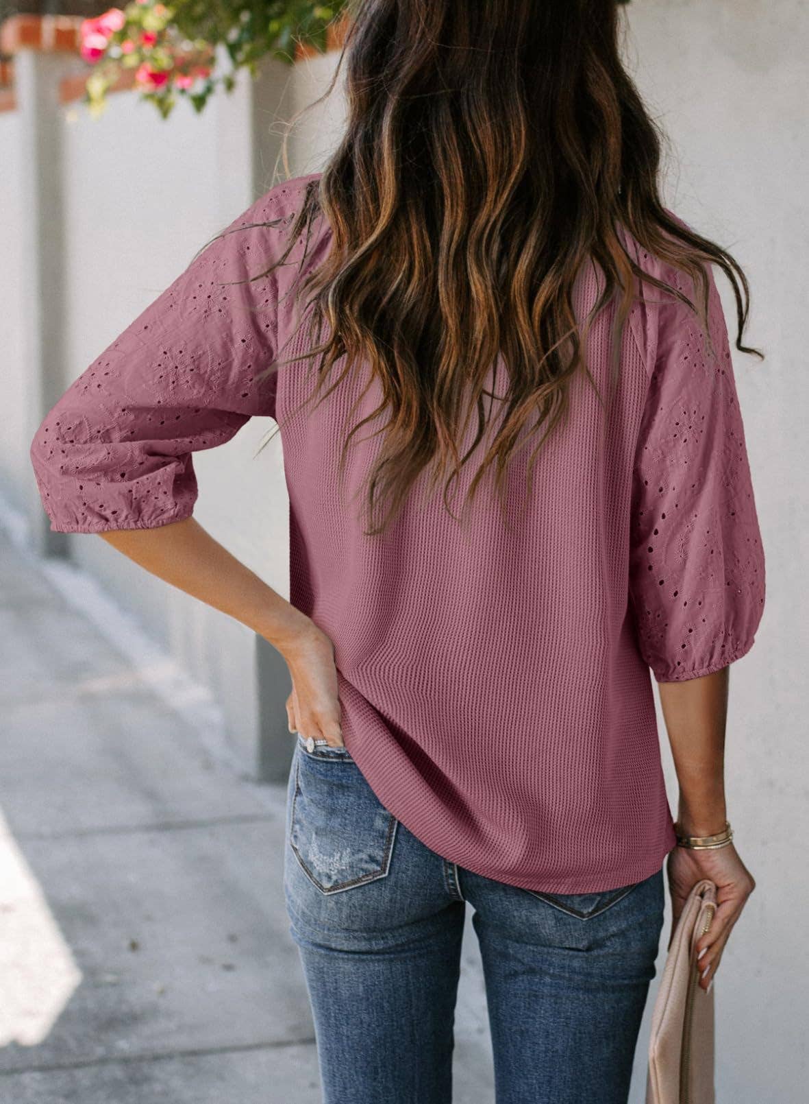 Women¡¯s jacquard waffle V-neck puff sleeve top