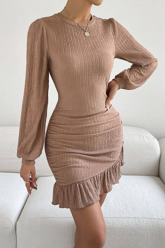 CWDSD6569_LONG-SLEEVED SLIM-FIT RUFFLE KNITTED DRESS