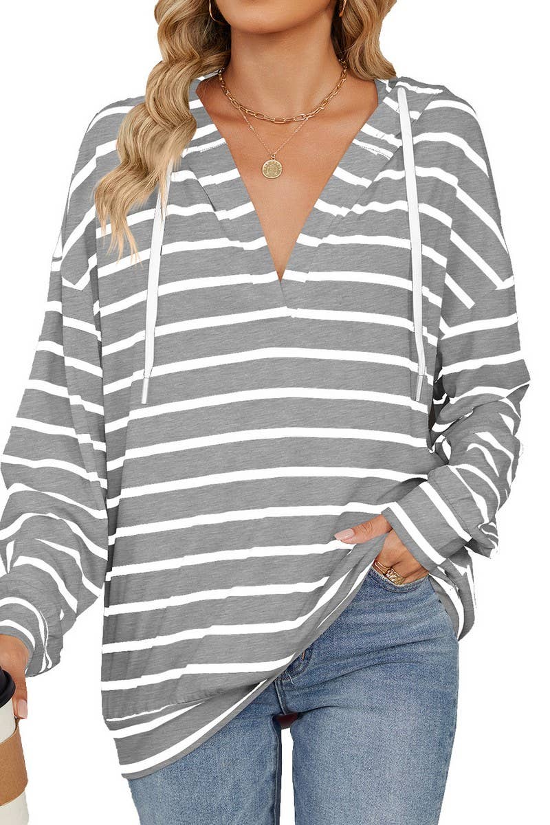 CWOHOL0718_DRAWSTRING HOODED STRIPED LONG SLEEVE SWEATSHIRT