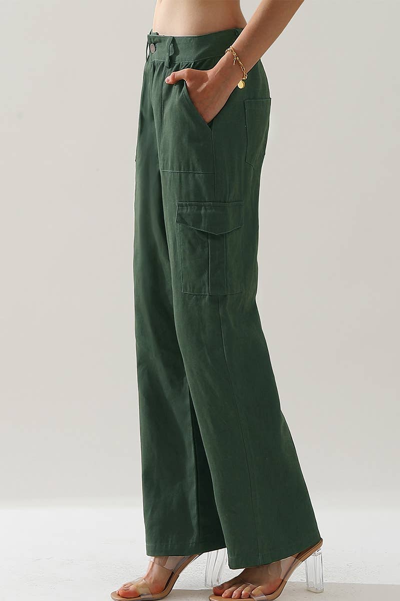 CWBLP421_Cargo Cotton Pants Wide Leg Casual Pants 4 Pockets