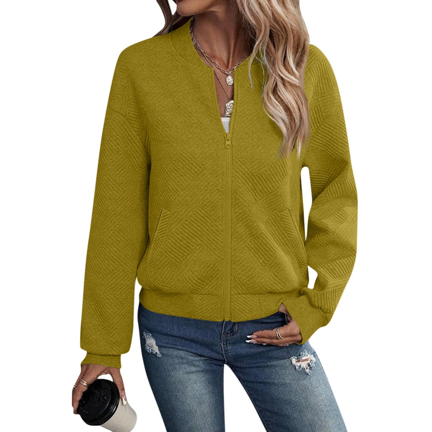 STAND-UP COLLAR ZIP-UP SOLID COLOR JACKET