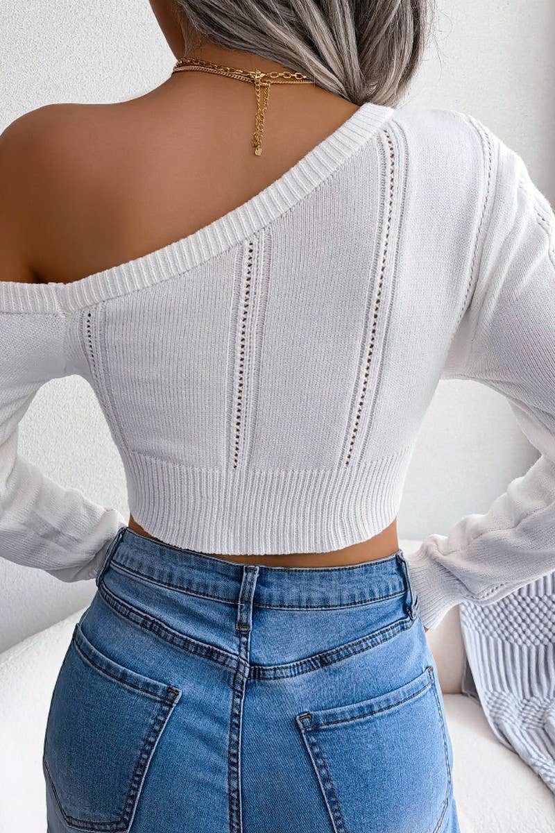WOMEN EYELET ONE OFF SHOULDER SEXY CROP KNIT TOP_CWOSWL0445