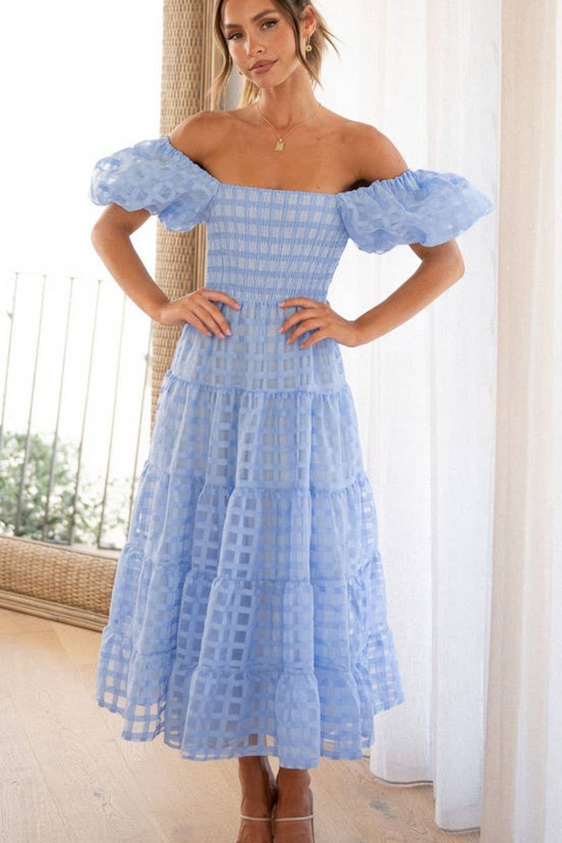 CWDMD5648_OFF SHOULDER LANTERN SLEEVE TIERED RUFFLE DRESS