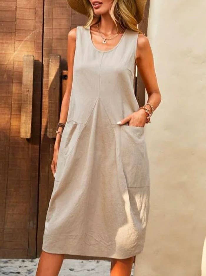 POCKET U-NECK SLEEVELESS CASUAL SIMPLE DRESS