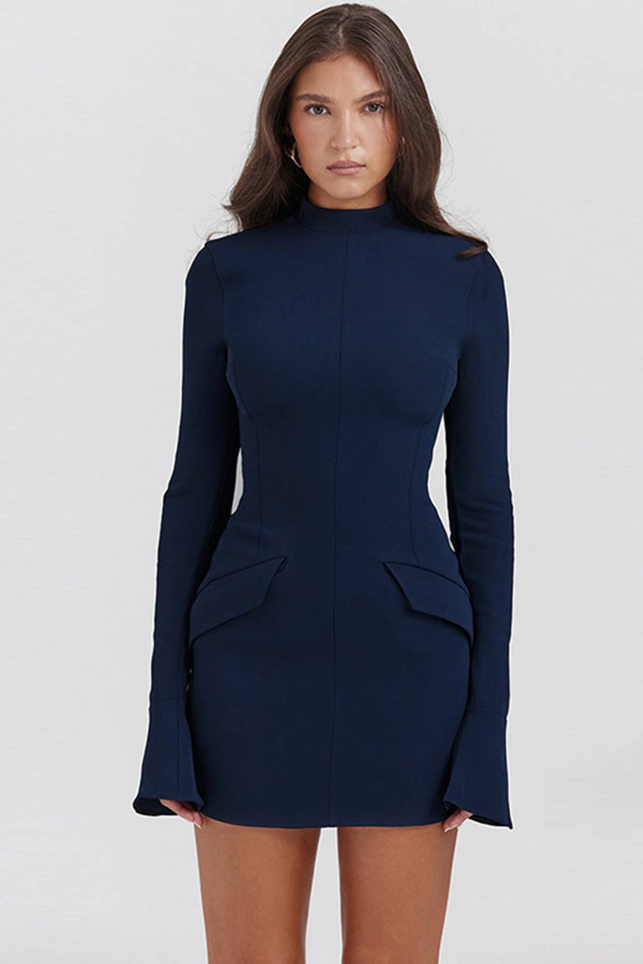 SEXY FASHION SOLID SLIM LONG-SLEEVED SHORT DRESS