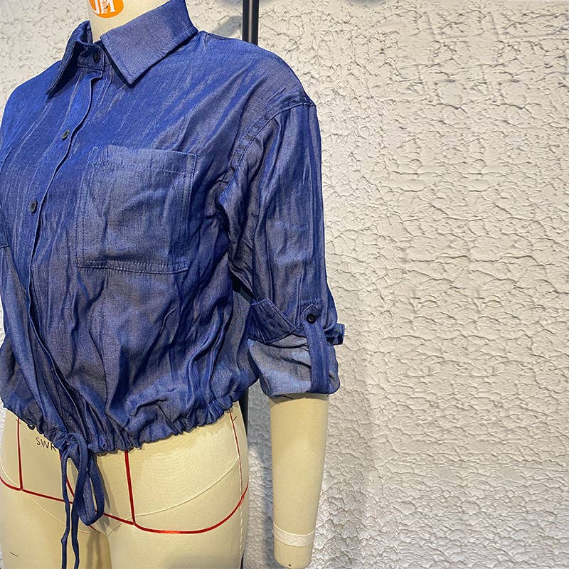 LONG SLEEVE DENIM SHIRT WITH POCKETS LOOSE TOP