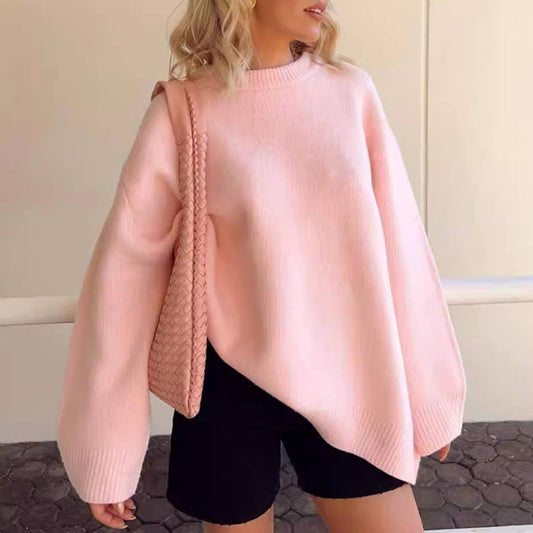 SOLID COLOR SWEET CREW-NECK PULLOVER SWEATER