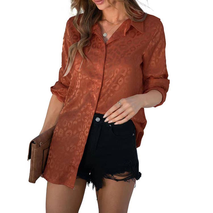 Satin long-sleeved jacquard leopard print shirt