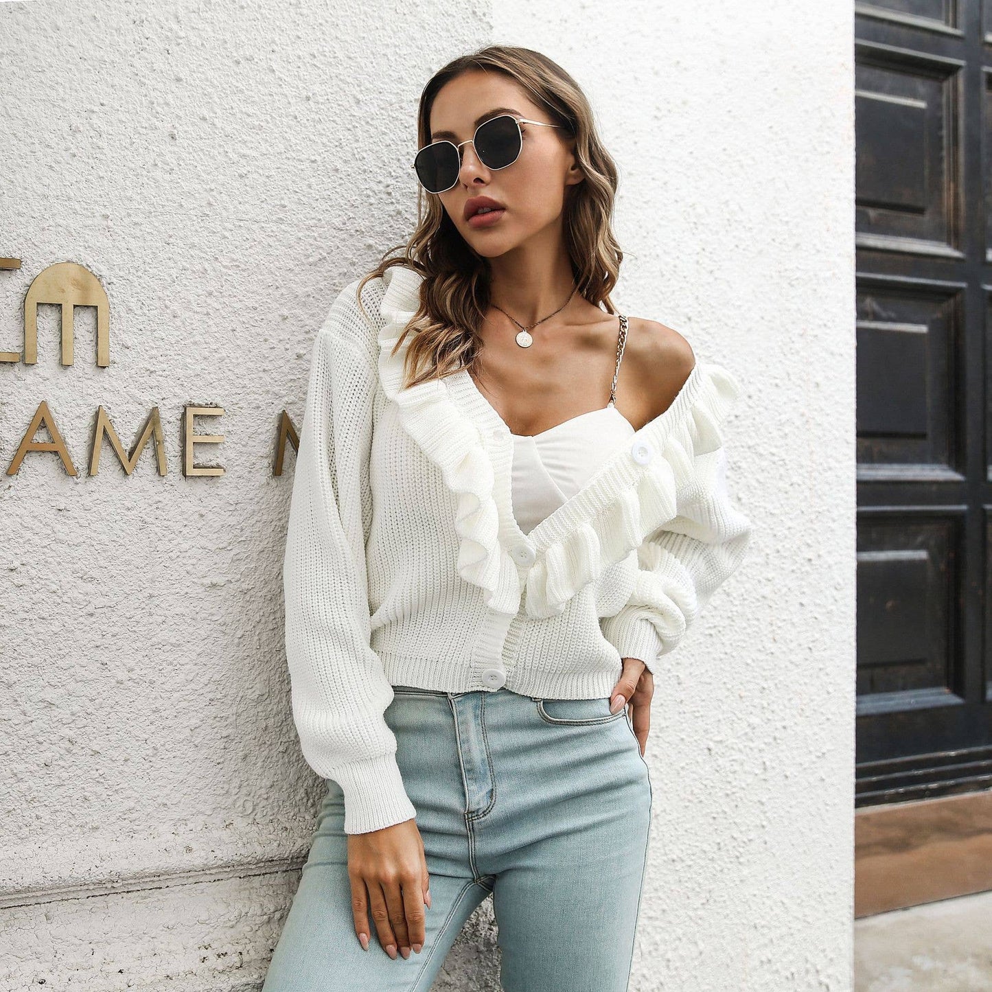 Ruffled sweater Loose knit cardigan