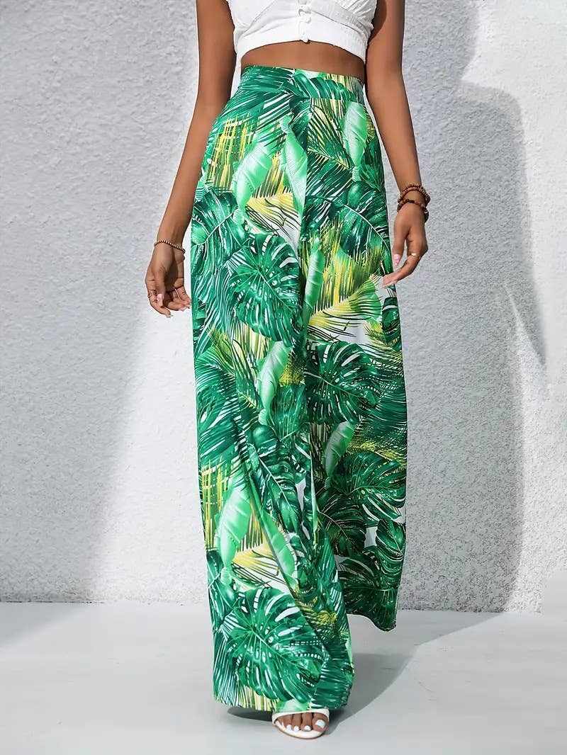 Plant-printed high-waisted wide-leg trousers