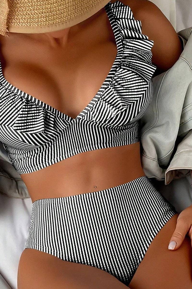 CWMW0898_STRIPED HIGH WAIST V-NECK RUFFLED BIKINI SWIMSUIT