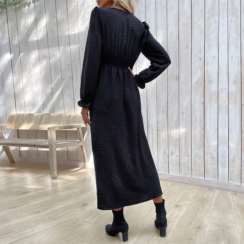 LONG-SLEEVED BLACK POLKA DOT JACQUARD SLIT DRESS