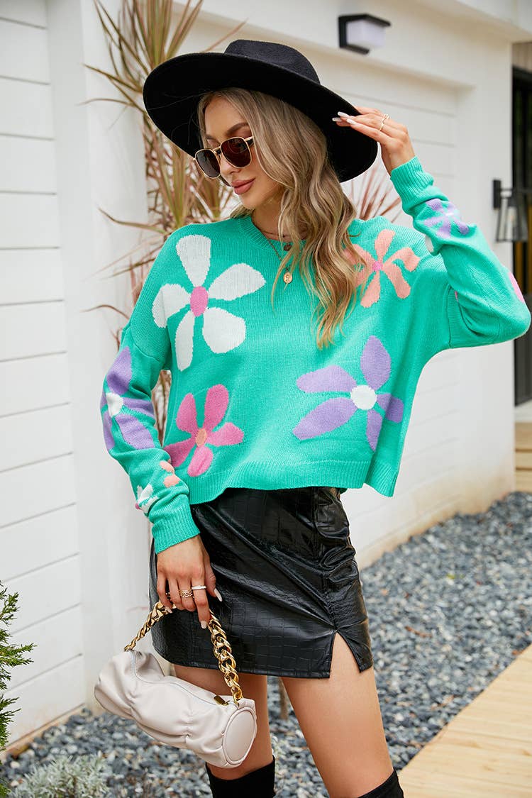 SWEET FLOWER LOOSE CREW NECK PULLOVER SWEATER