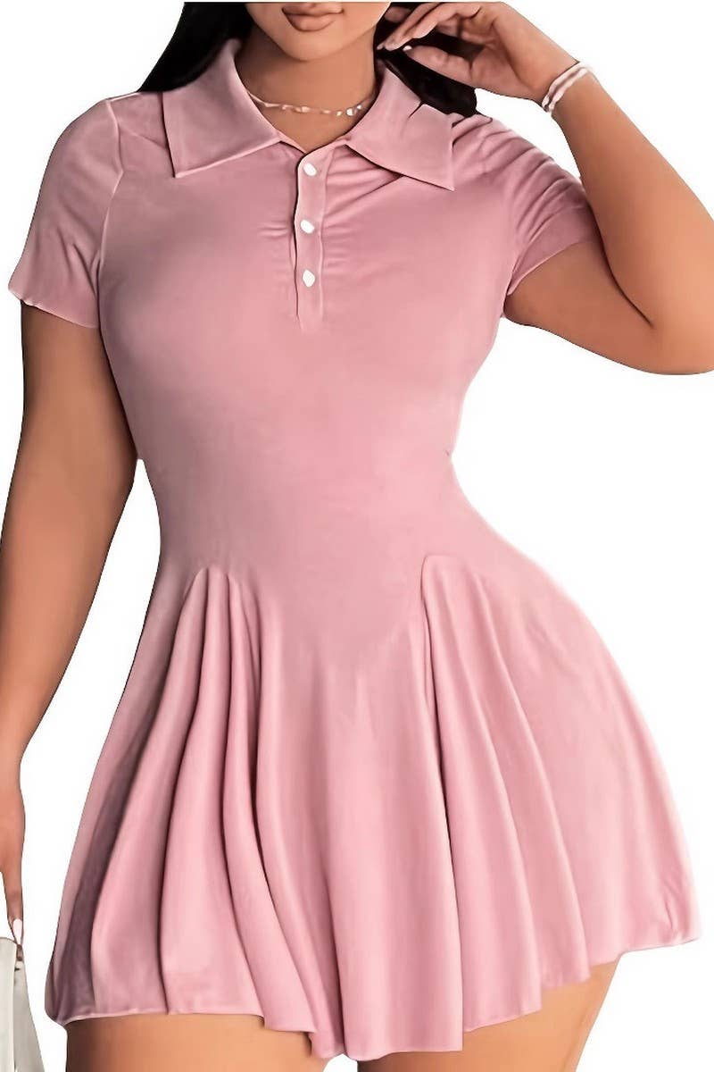 CWDSD10876_SOLID COLOR POLO COLLAR SHORT SLEEVE DRESS