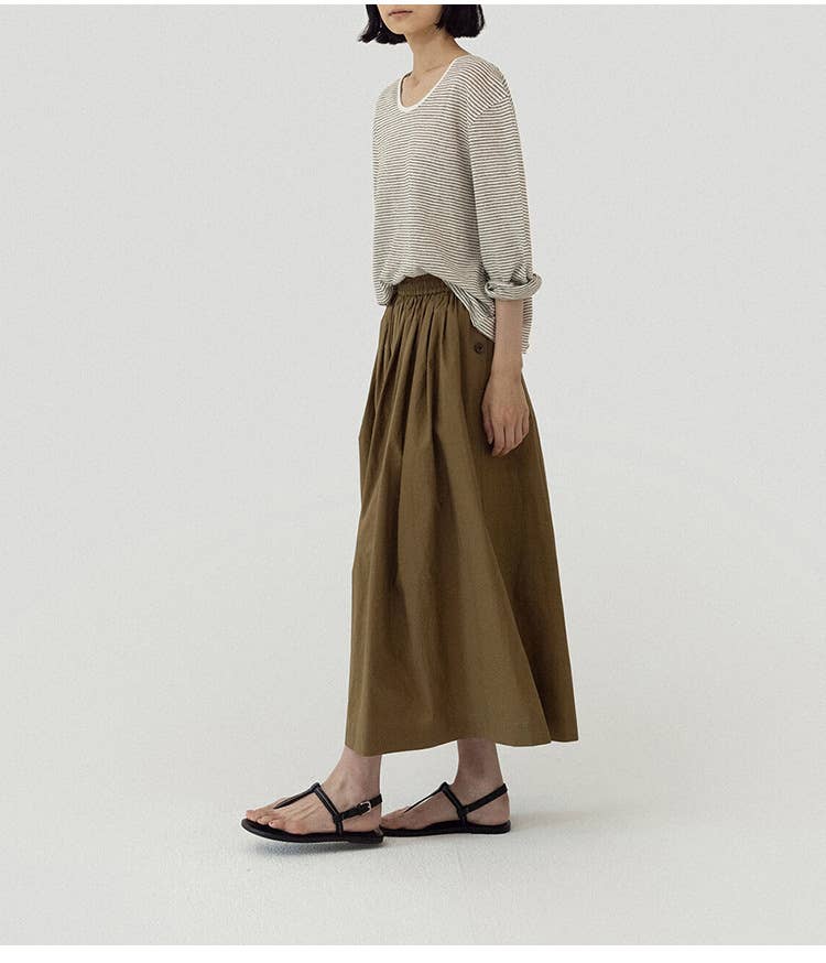 LONG SLEEVE LOOSE COTTON LINEN STRIPED T-SHIRT