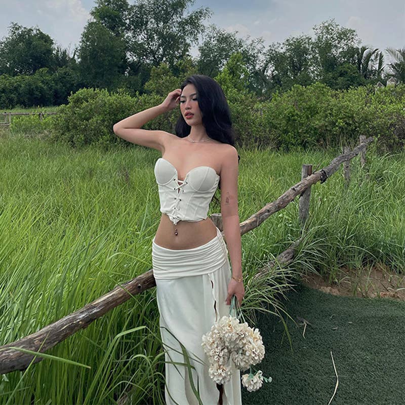 Ruched tube top and low waist slit skirt set