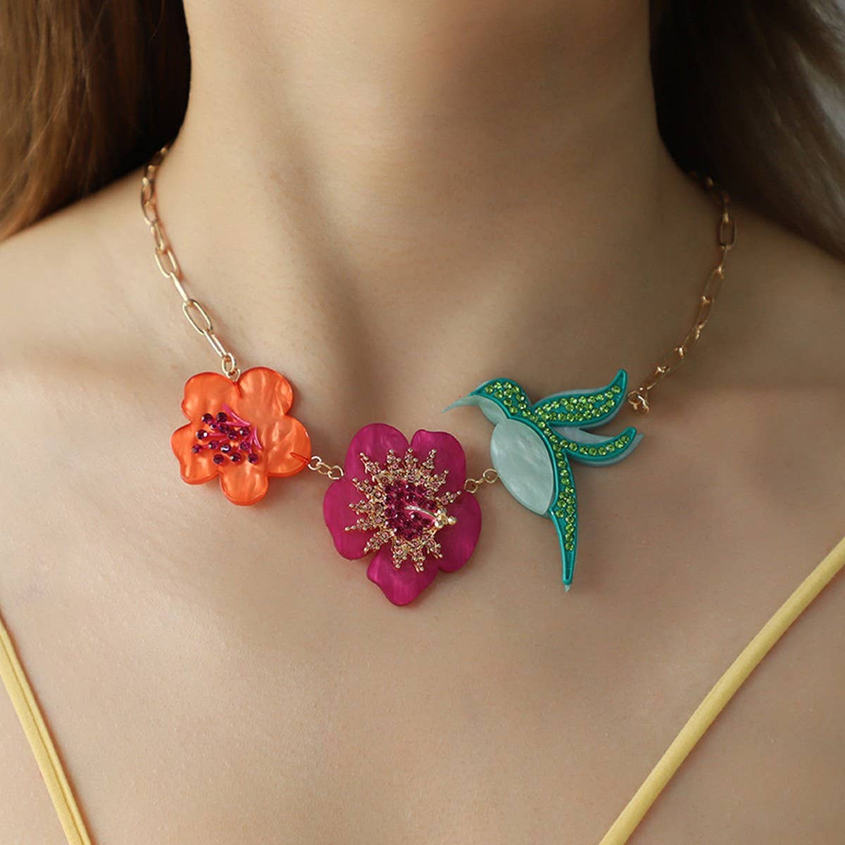 NEW ACRYLIC FLOWER BIRD ALLOY RHINESTONE NECKLACE