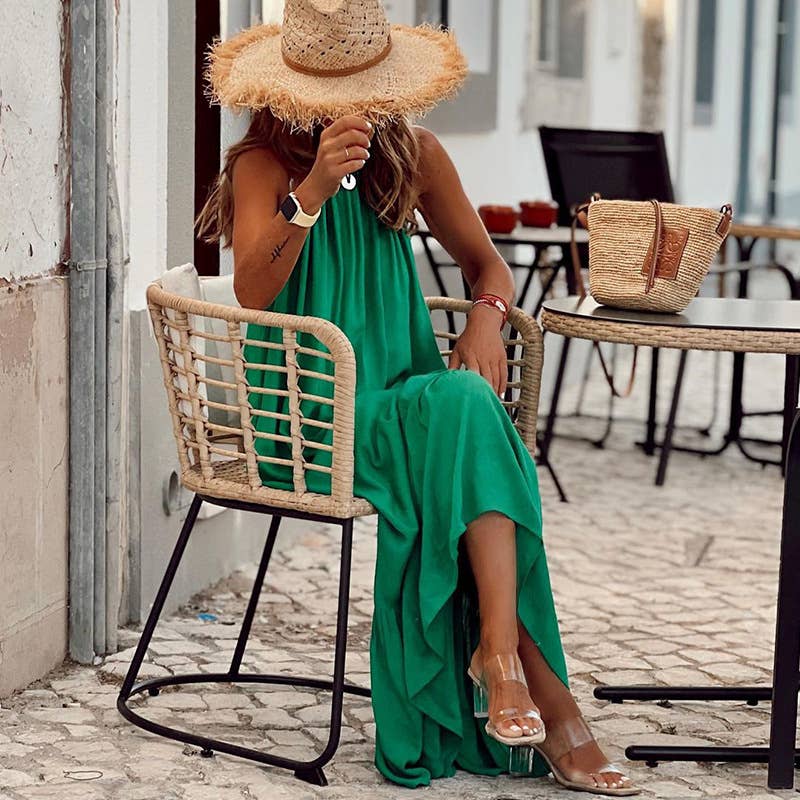 Stylish sleeveless halter long beach dress