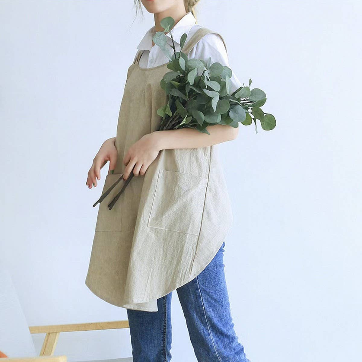 CWAB3993_COTTON AND LINEN SOLID COLOR TIE-FREE WORK APRON