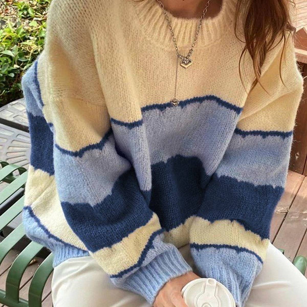 Striped slouchy casual all-in-one knit sweater