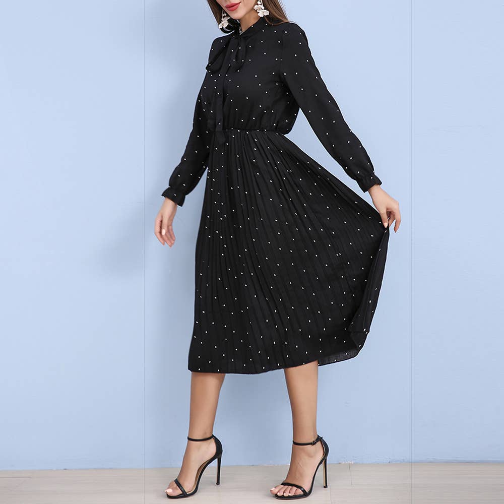 Pleated polka point casual waist collection dress
