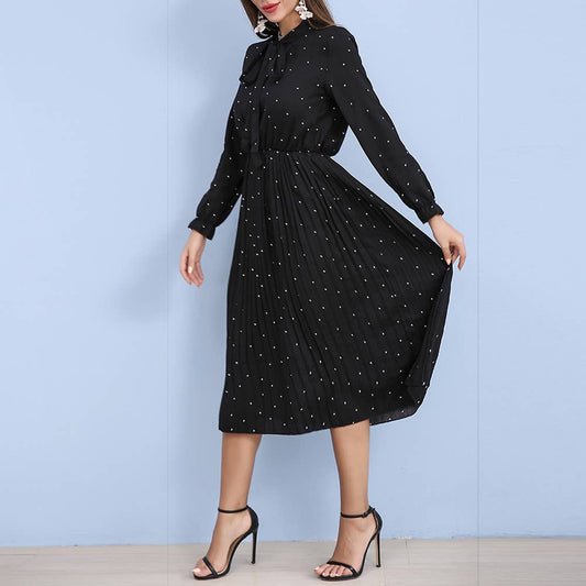 Pleated polka point casual waist collection dress