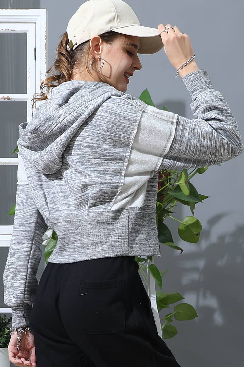 CWOHOL432_SOLID RAW CUT SEAM SHORT CROP HOODIE