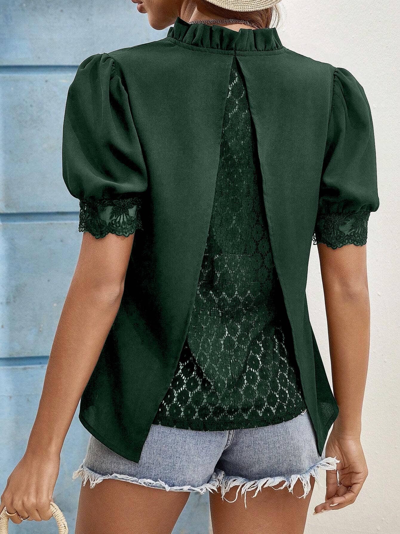 V-neck lantern sleeve patchwork lace blouse
