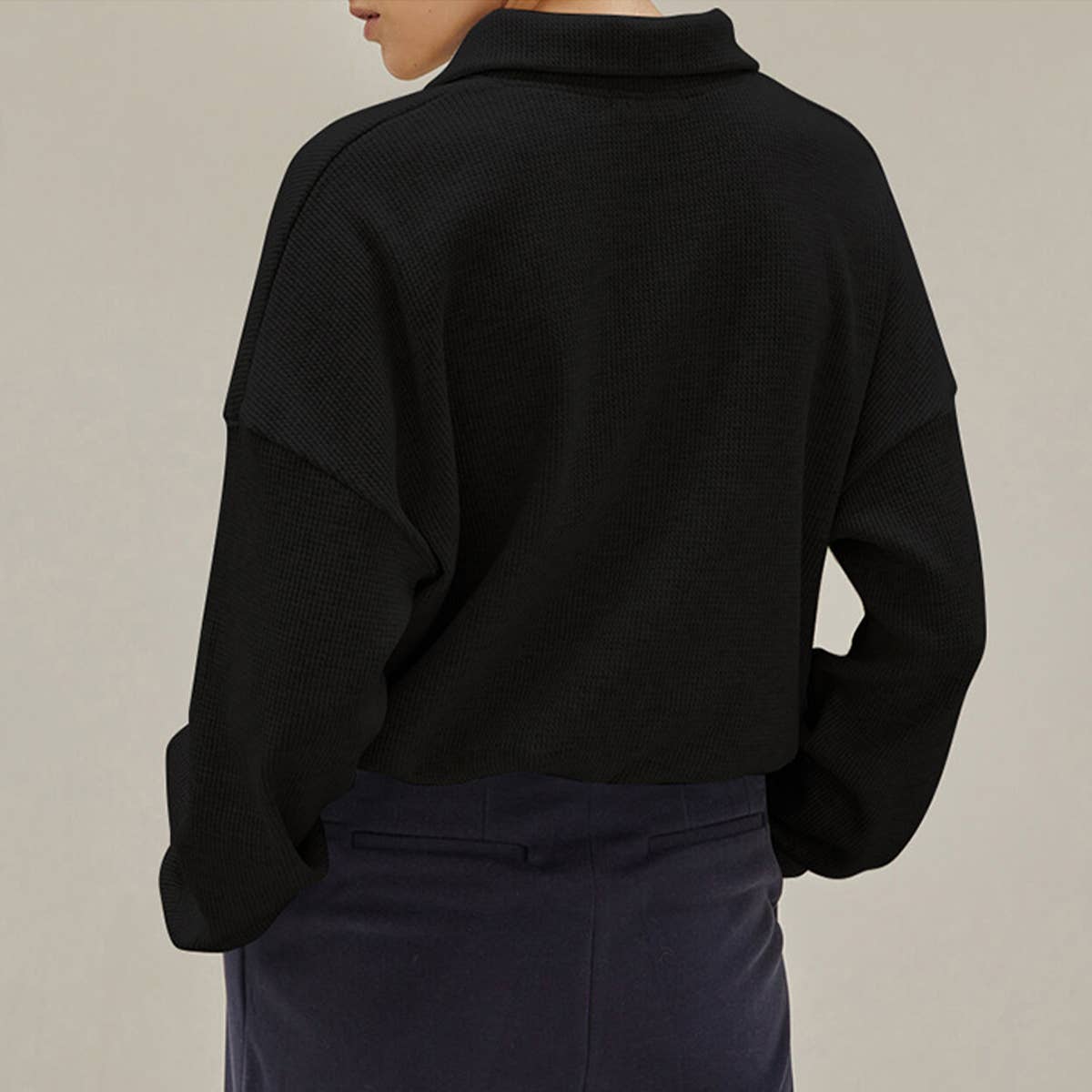 WAFFLE ZIP-UP POLO NECK PULLOVER HOODIE