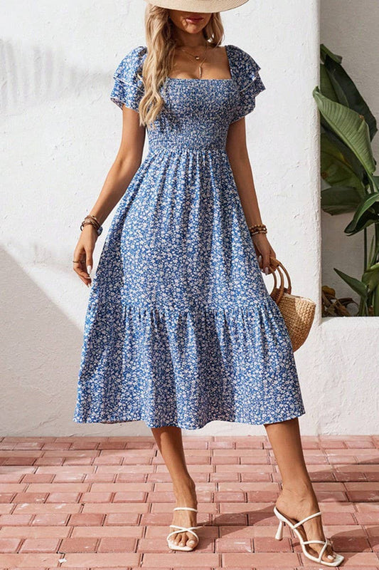 CWDMD5702_BOHEMIAN CASUAL HOLIDAY FLORAL SHORT-SLEEVED DRESS